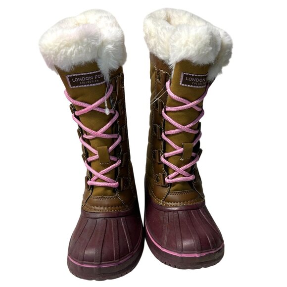 London Fog Girls Snow Boot, Size 5 Insulated With Fur Lining Pink & Brown - Picture 1 of 9